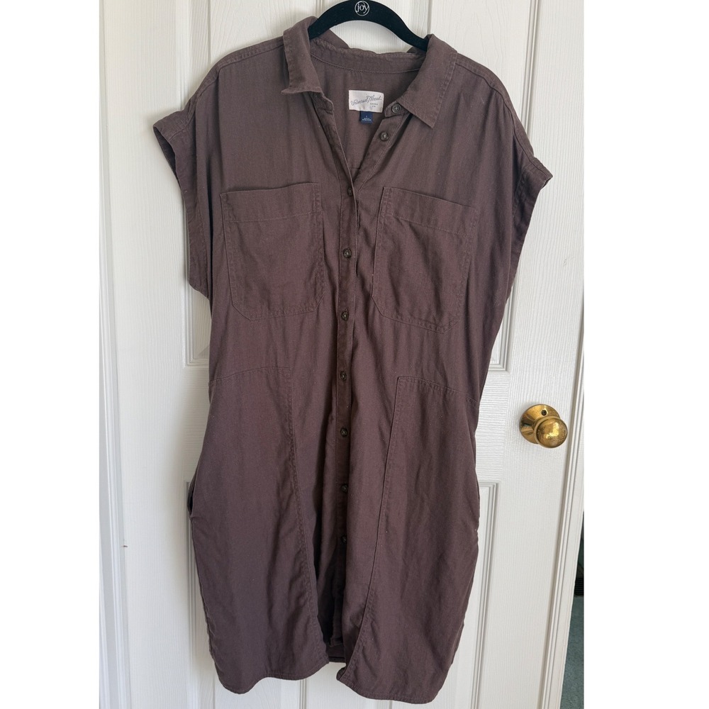 Universal Thread Brown Linen Blend Button Front Shirt Dress Short Sleeve Large